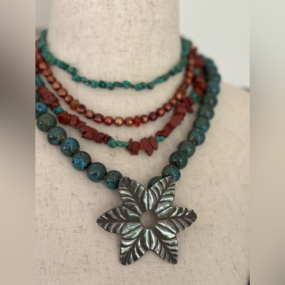 Artisan Multi Strand Turquoise and Pearl Necklace - Picture 5 of 7